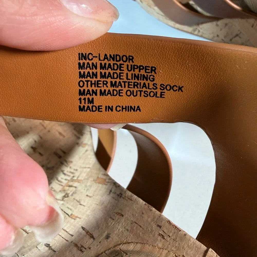 INC Landor Wedge Sandals Womens 11 Brown Strappy Cork Heel